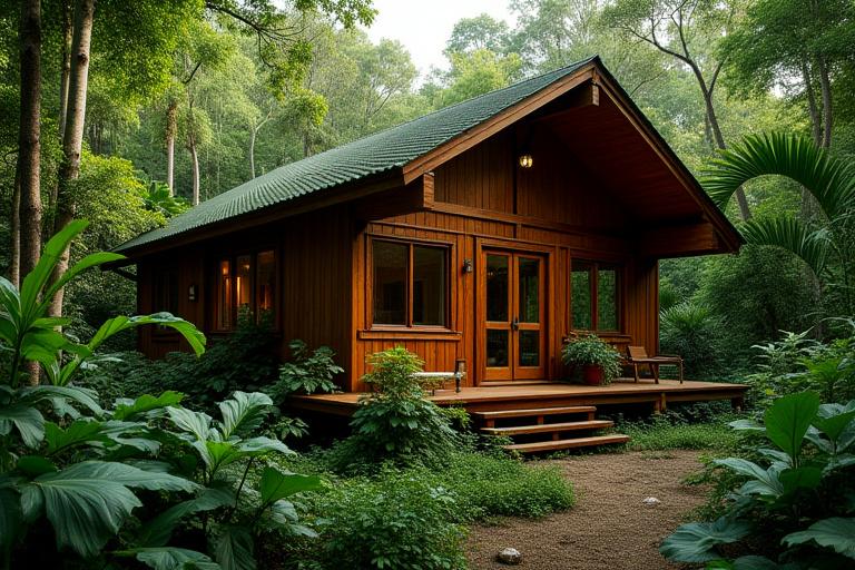 Vista exterior de una cabaña de madera integrada en la densa vegetación del bosque.
