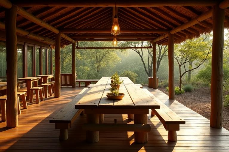 Comedor común al aire libre del eco-lodge, con una gran mesa de madera.