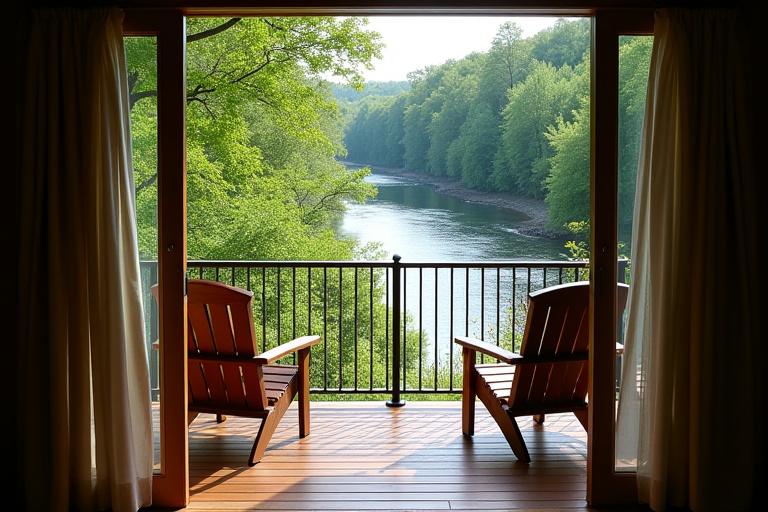 Terraza privada de una cabaña con dos sillas mirando hacia el río.