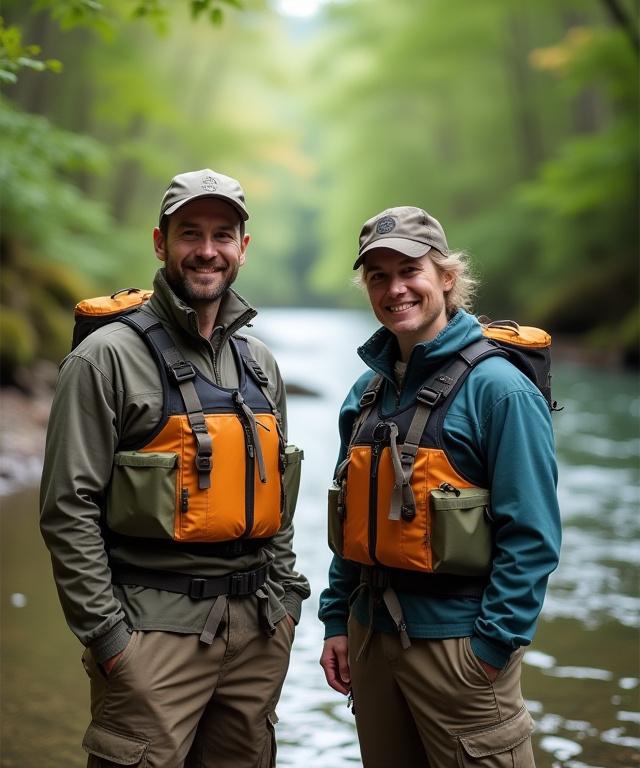 Dos guías locales sonriendo junto a un río en el bosque, equipados para una expedición.
