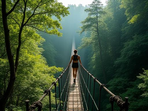 Una persona caminando por un puente colgante sobre el dosel del bosque.
