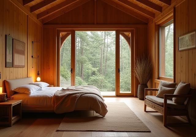 Interior acogedor de una cabaña del eco-lodge con vistas al bosque.