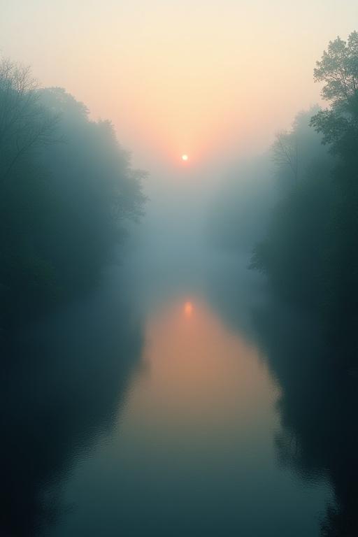 Amanecer con niebla sobre el río en el bosque.