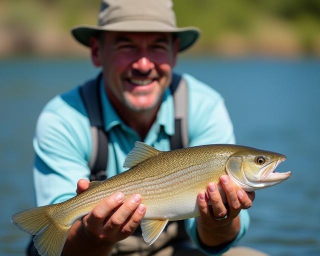 Un pescador sonriendo mientras sostiene un gran pez antes de devolverlo al agua.