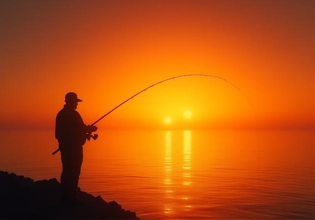 Silueta de un pescador lanzando la caña al atardecer.